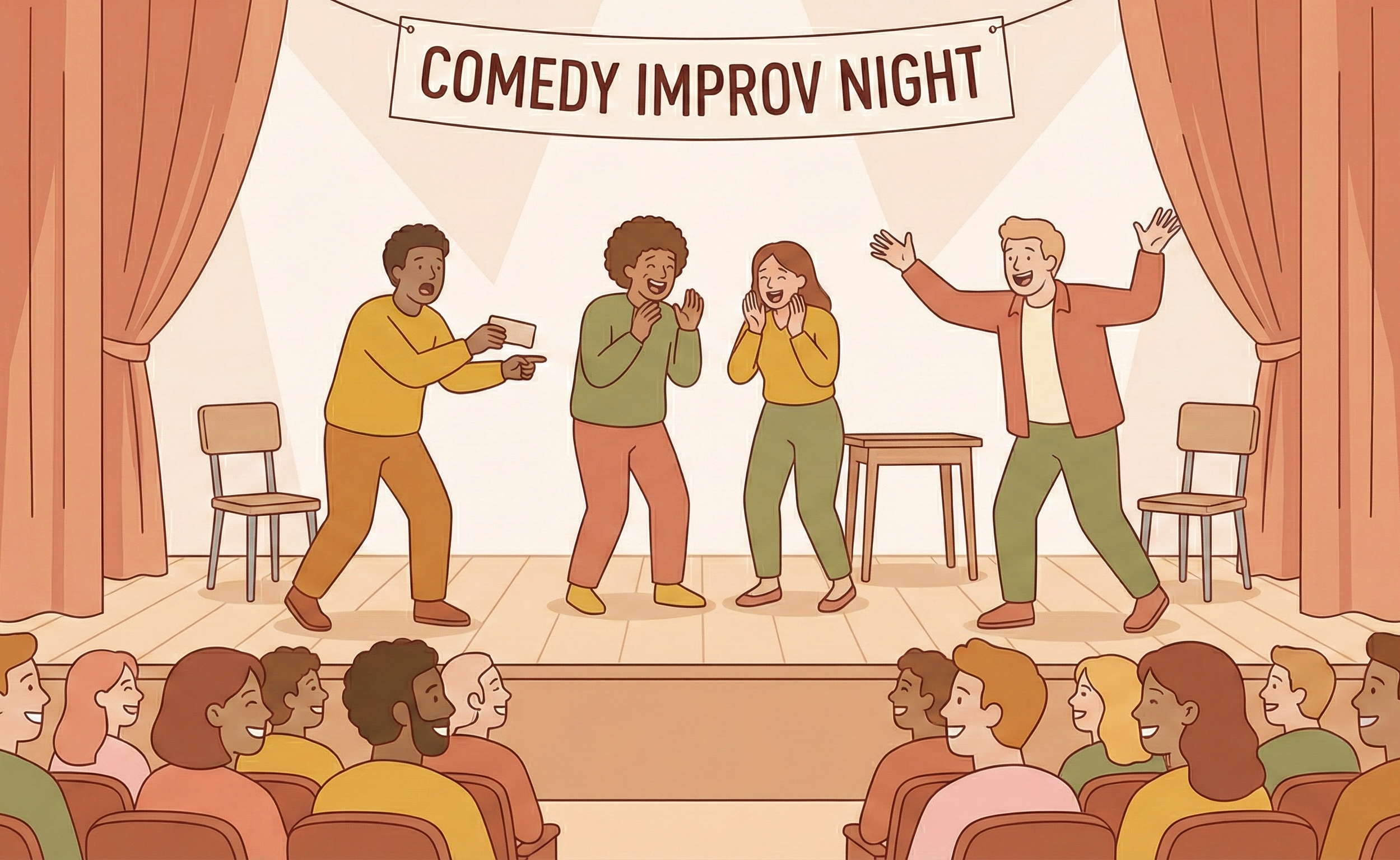 Illustration of three performers on stage under a warm spotlight