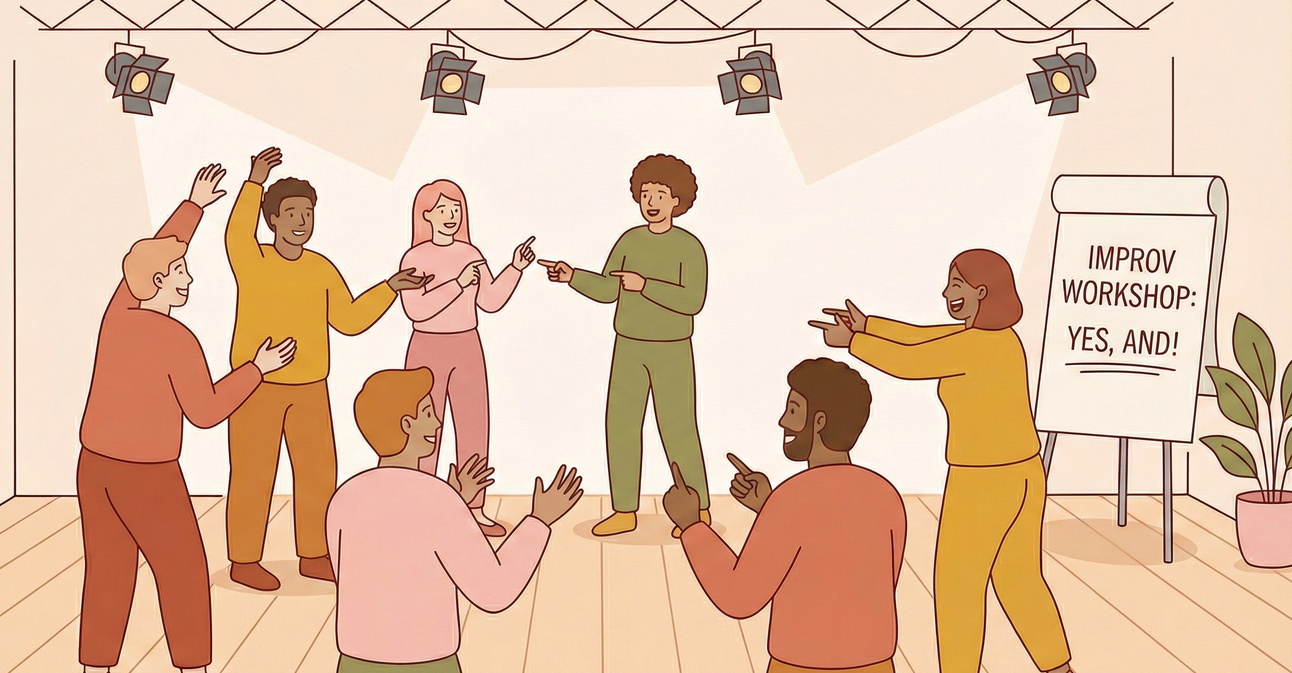 Illustration of a circle of improvisers practicing a warm-up together