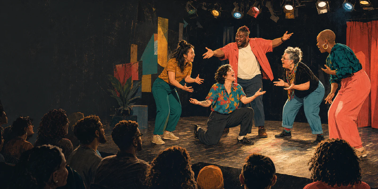 A diverse group of improvisers performing together for a close audience